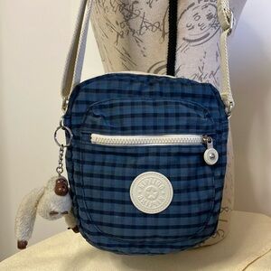 Kipling Mini Crossbody Bag w/Monkey Plaid Blue/Beige
